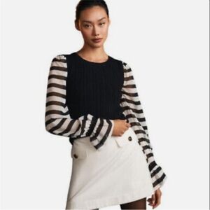 MAEVE Contrast Sleeve Cable Knit Sweater Black‎ White Stripe Size XXS